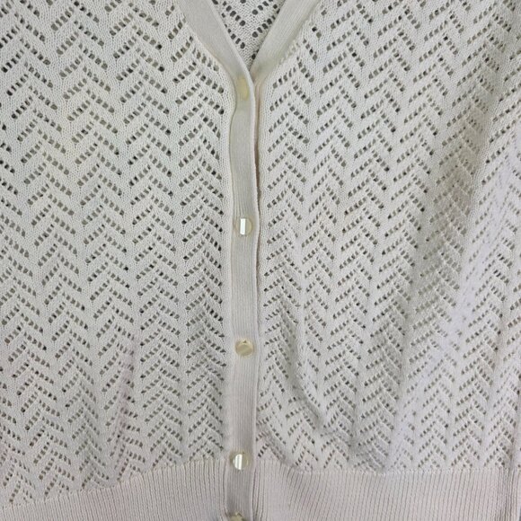 Womens Anne Taylor Ivory Knit Cardigan Sweater Mesh V Neck Button 3/4 Sleeve XL - Picture 3 of 9
